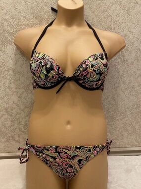 Victoria's Secret Black Paisley Bikini with Pink, Mint & Yellow Accents